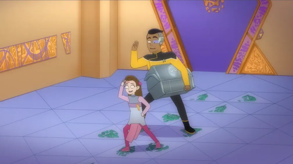 Rutherford carrying a silver Betazoid gift box while following a young girl doing hopscotch across pastel tiles