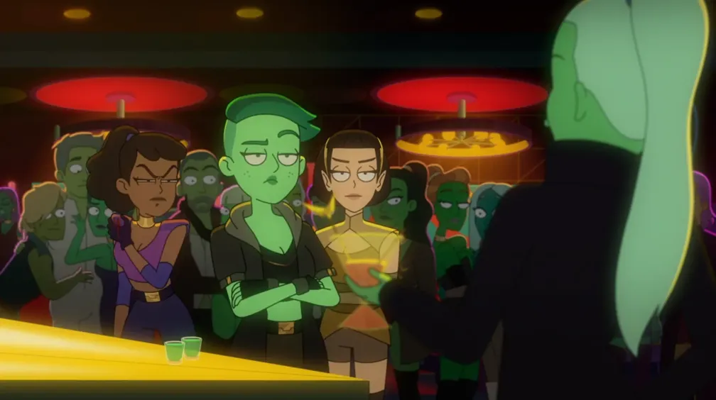 Tendi, Mariner, and T'Lyn in plainclothes looking annoyed at a female Orion at an Orion night club