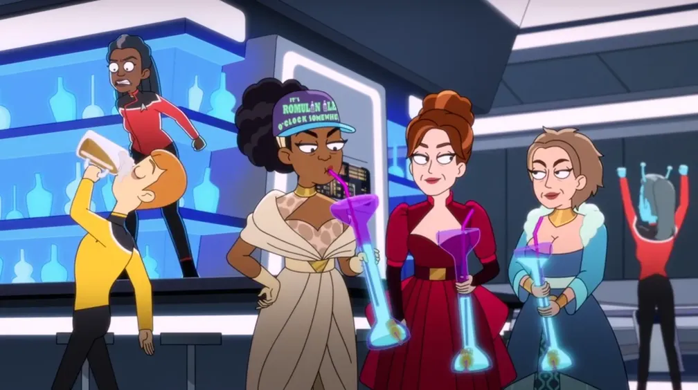 Three Betazoid women wearing evening gowns and drinking from yard glasses at the Cerritos bar while Freeman looks incredibly annoyed