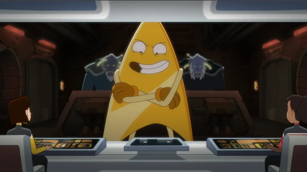 Badgey with a sinister smile and arms crossed on the viewscreen of the Cerritos bridge