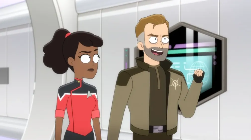 Mariner and Nick Locarno discussing the situation in a sleek, white corridor.
