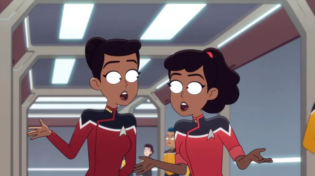 Mariner and the alternate-universe Captain 'Becky' Mariner having a conversation in a corridor