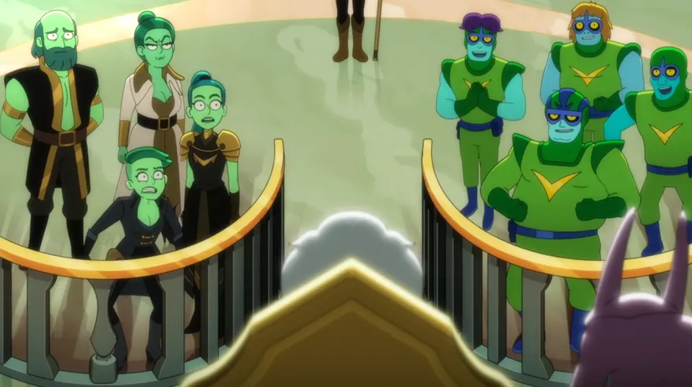 Tendi and 3 other green Orions testifying in a courtroom against four blue Orions