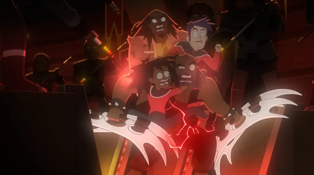 Mariner, Boimler, and two Klingons being zapped with pain sticks