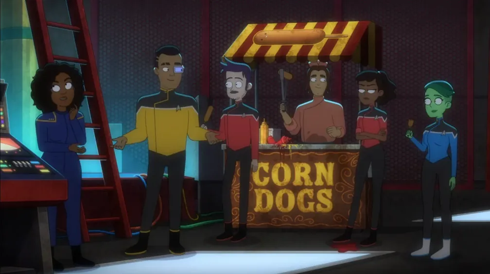 The lower-deckers enjoying food from a corn dog stand at Starbase 80