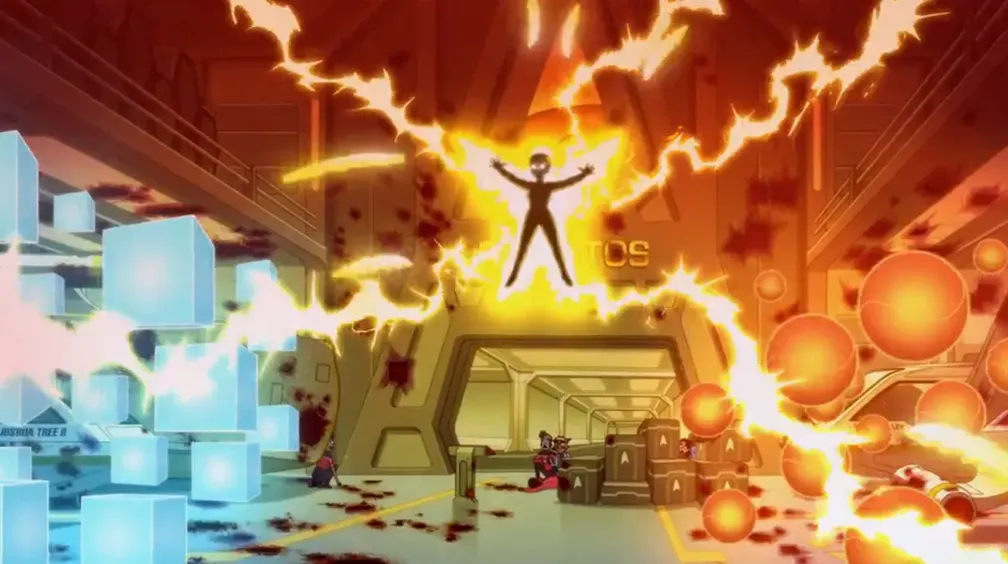 Ensign Olly glowing, hovering, and firing lightning bolts in a cargo bay filled with levitating cubes and orbs