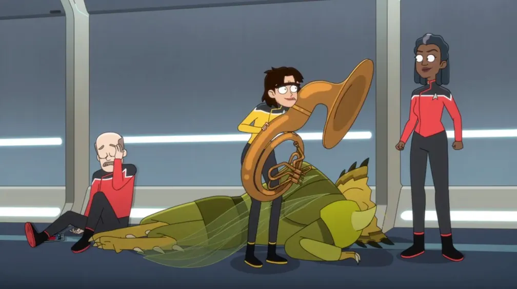 Freeman looking pleased as a lieutenant holding a sousaphone stands over an unconscious alien attacker