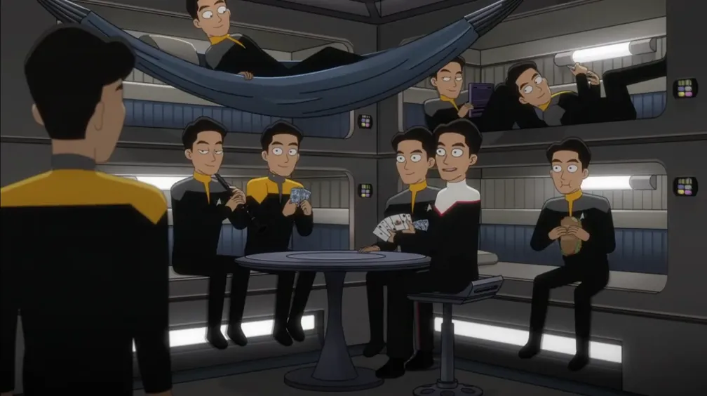Nine versions of Harry Kim from different universes playing cards and talking in a bunk room