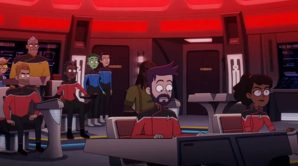 The Cerritos crew on board a sovereign-class bridge at red alert