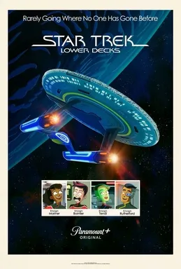 Lower Decks Season 1 Poster - featuring the Cerritos in front of a blue planet and pictures of the main cast shown in white boxes labeled with their names