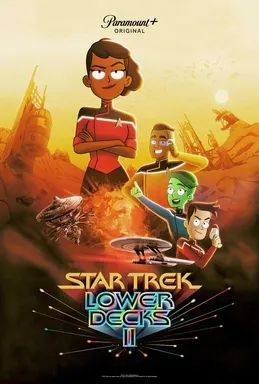 Lower Decks Season 2 Poster - featuring Mariner with crossed arms and the other main characters against a sandy orange-and-brown background