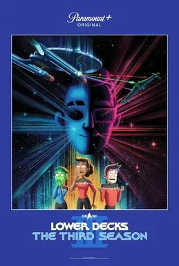 Lower Decks Season 3 Poster - featuring Rutherford's face lit half blue and half pink, with streaking lines emanating outward