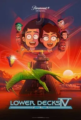 Lower Decks Season 4 Poster - featuring Boimer, Mariner, and other characters in a circular formation in the sky above a bay as the sun sets