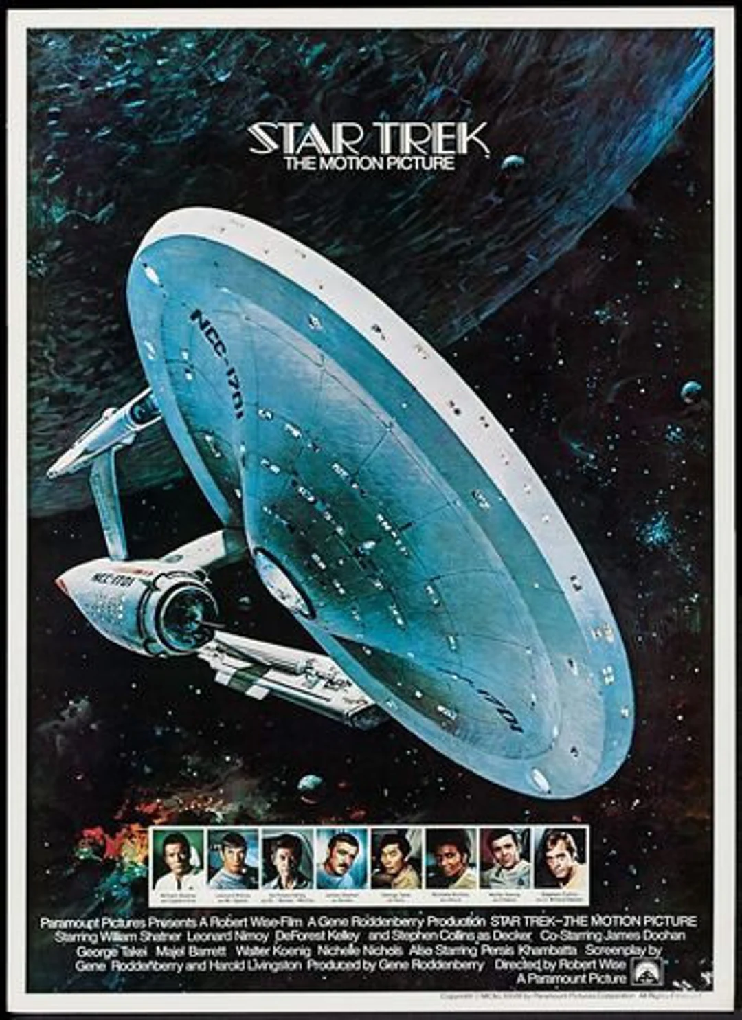 Star Trek The Motion Picture Poster - featuring the Enterprise in front of a blue planet and pictures of the main cast shown in white boxes labeled with their names