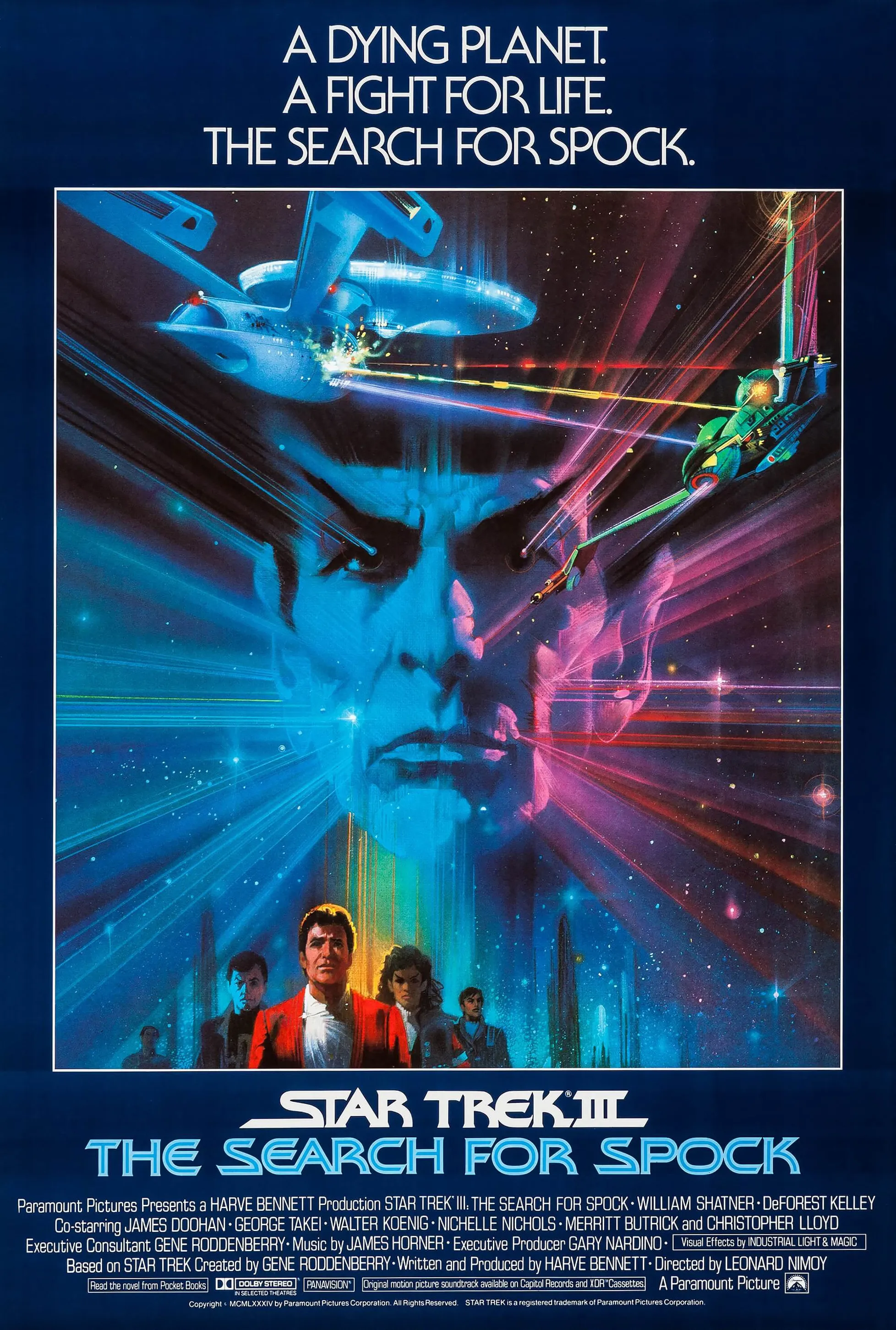 Star Trek III: The Search for Spock Poster - featuring Spock's face lit half blue and half pink, with streaking lines emanating outward