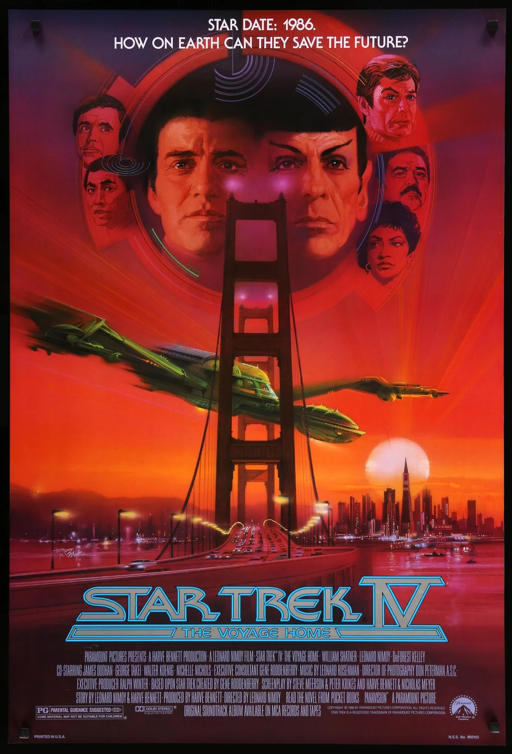 Star Trek IV: The Voyage Home Poster - featuring Kirk, Spock and other characters in a circular formation in the sky above San Francisco bay as the sun sets