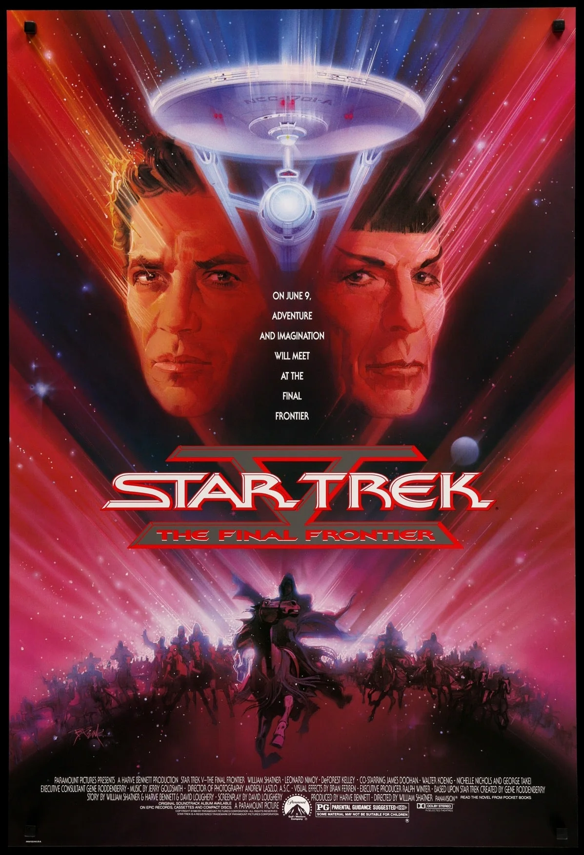Star Trek V: The Final Frontier Poster - featuring the main characters' faces flanking the USS Enterprise above, with numerous silhouetted characters on horseback on a planet below