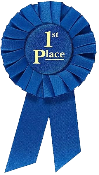 a blue, first-place ribbon