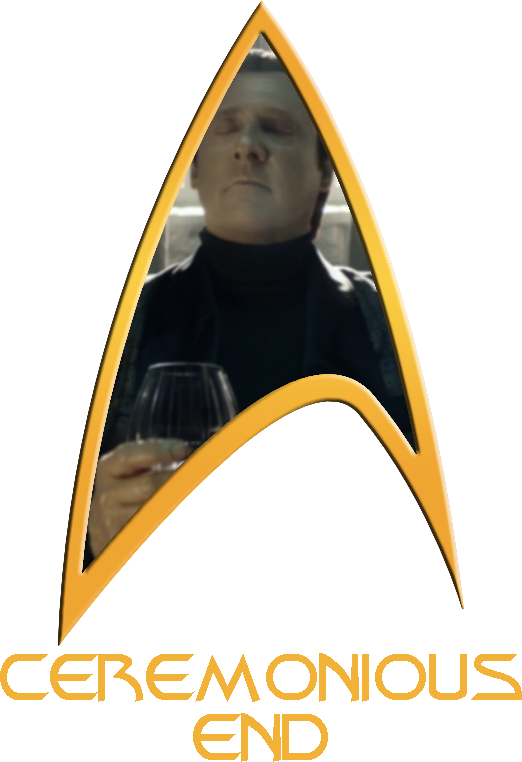 A Starfleet Delta labeled 'Ceremonious End' with a photo of Data in a smoking jacket enjoying a drink