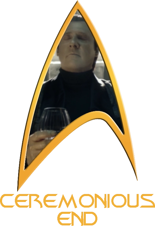 A Starfleet Delta labeled 'Ceremonious End' with a photo of Data in a smoking jacket enjoying a drink