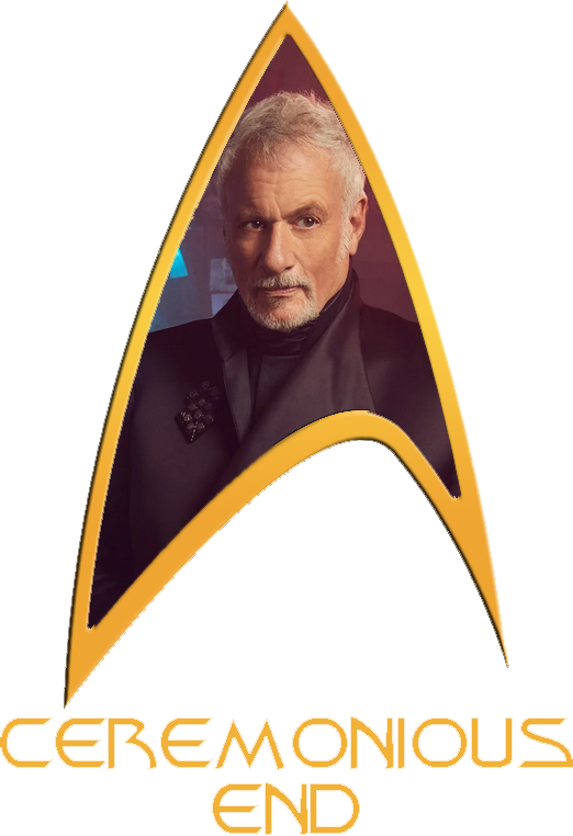 A Starfleet Delta labeled 'Ceremonious End' with a picture of Q
