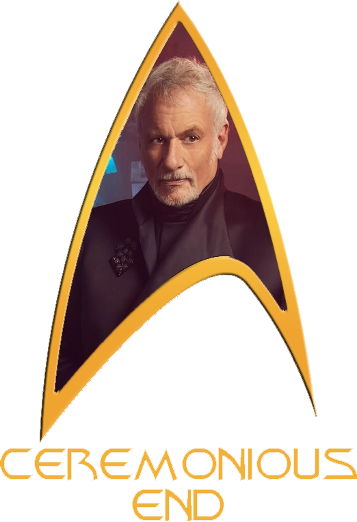 A Starfleet Delta labeled 'Ceremonious End' with a picture of Q