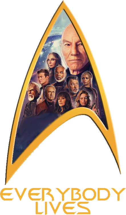 A Starfleet Delta labeled 'Everybody Lives' with an image the cast of characters