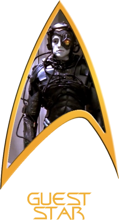 A Starfleet Delta labeled 'Guest Star' with a photo of Hugh as a Borg drone