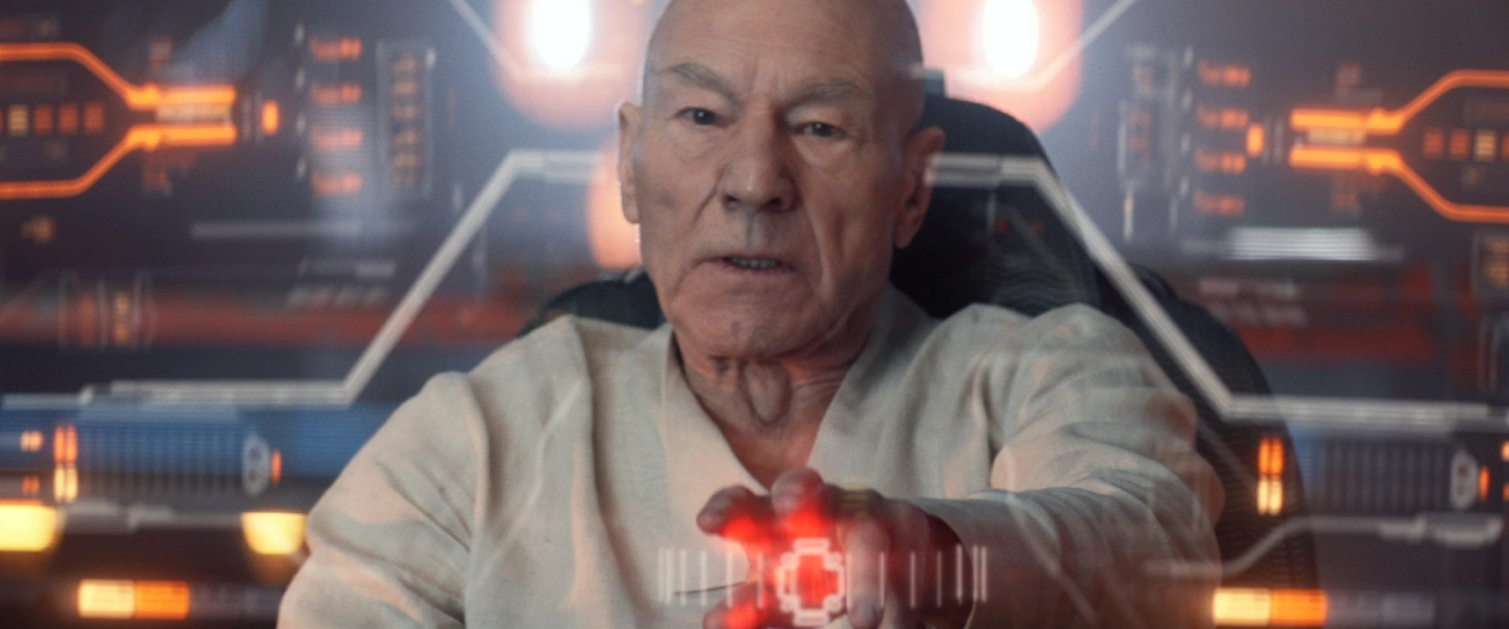 Picard, looking stressed as he pilots La Sirena