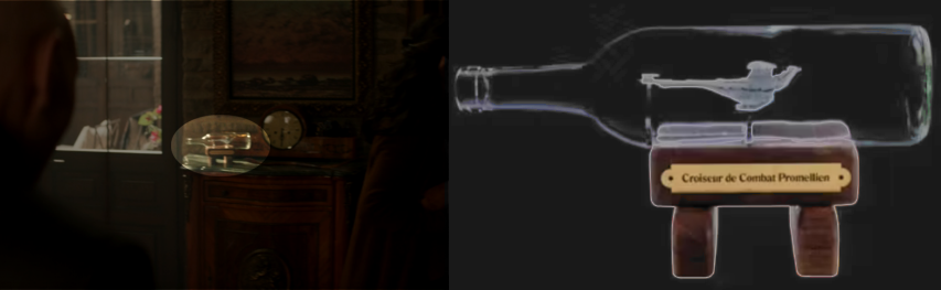 A ship in a bottle on a mantle in Picard's study, next to a close-up shot of the same model