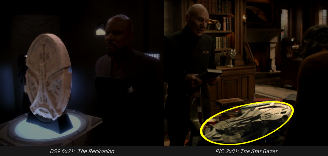 On the left, Captain Sisko standing next to the tablet in the DS9 episode 'The Reckoning'. On the right, Picard and Laris standing over an identical (though broken) tablet in his study