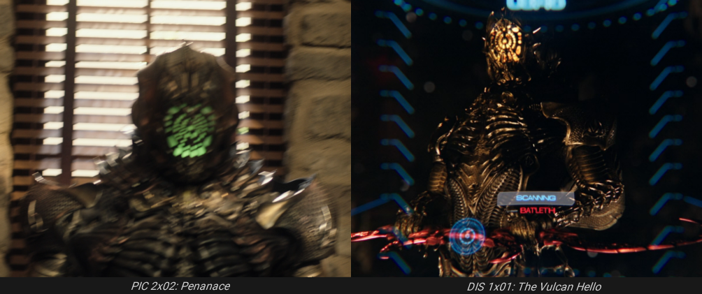 On the left, an image of the suit displayed in Picard's menagerie from this episode. On the right, an image of the suit being worn by a Klingon as witnessed by Burnham in the first episode of Star Trek: Discovery