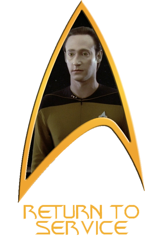 A Starfleet Delta labeled 'Return To Service' with a photo of Data
