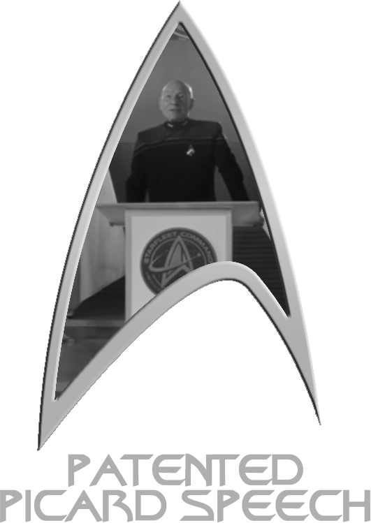 A Starfleet Delta labeled 'Patented Picard Speech' with a picture of Picard at a podium orating