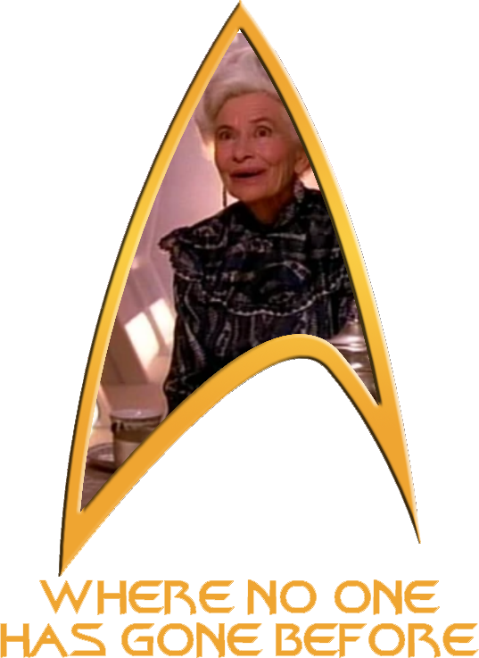 A Starfleet Delta labeled 'Where No One Has Gone Before' with a picture of an aged Yvette Picard