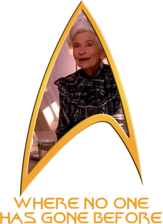 A Starfleet Delta labeled 'Where No One Has Gone Before' with a picture of an aged Yvette Picard