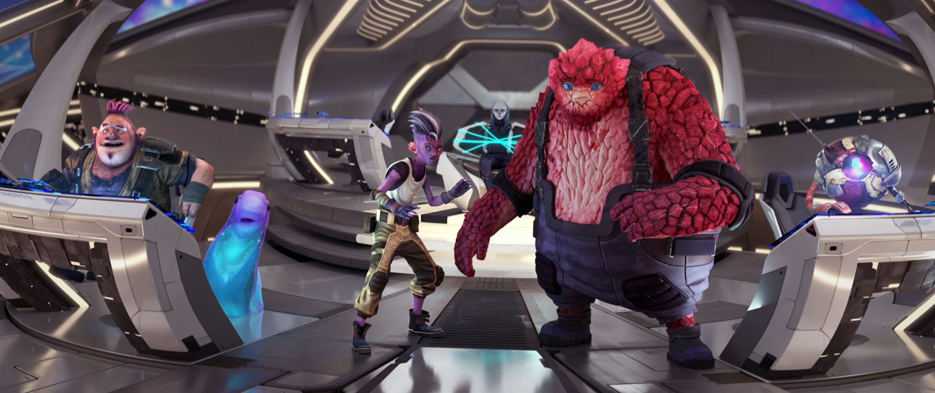 Dal, Rok, Jankom, Zero, and Murf standing on the bridge of the Protostar while Gwyn is tied to the captain's chair