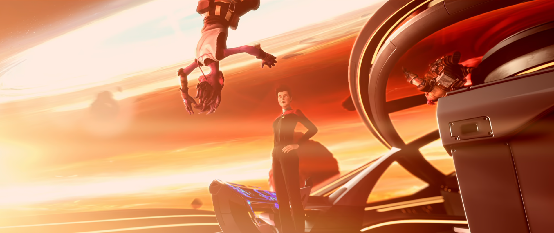 Hologram Janeway standing on the bridge while Dal and Jankom float by with no gravity to hold them down
