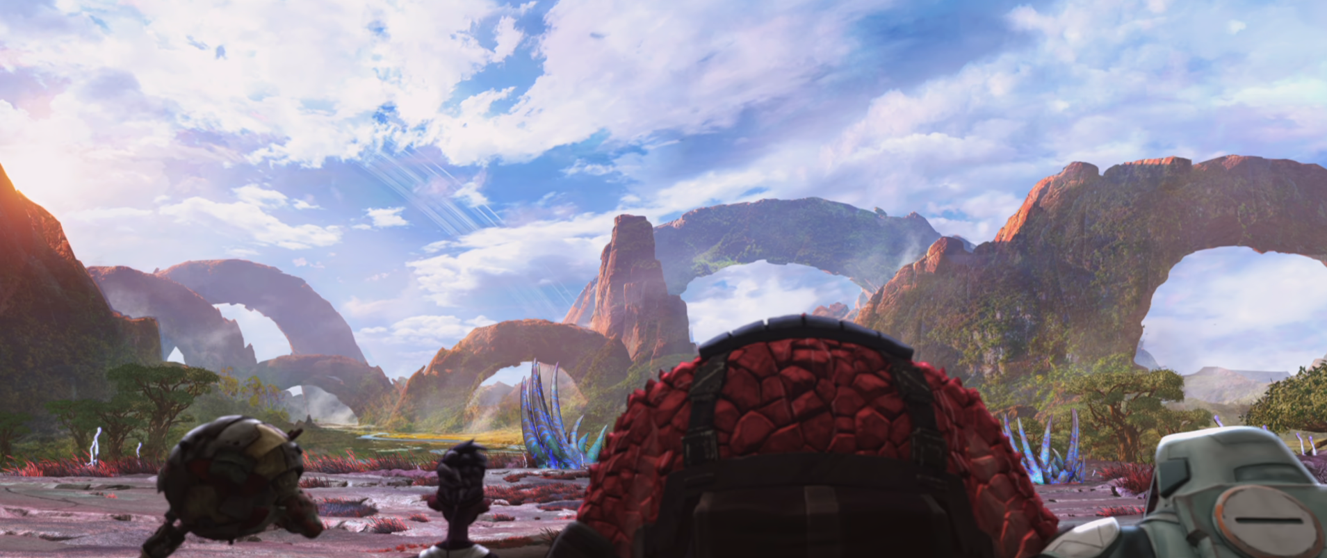 Zero, Dal, Rok, and Jankom stepping out onto a planet with blue skies, white clouds, and semi-circular rock formations on the surface
