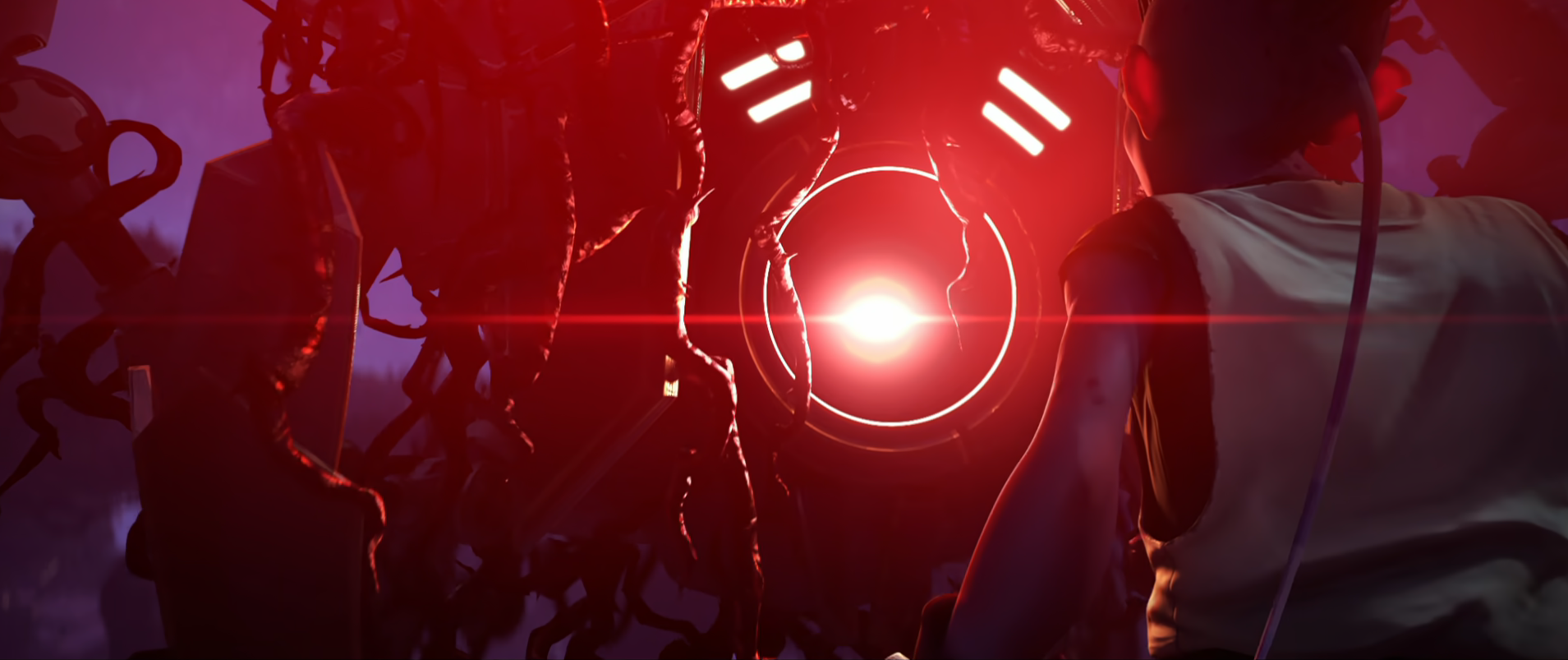 A large, robotic creature looking at Dal with its single, bright red eye