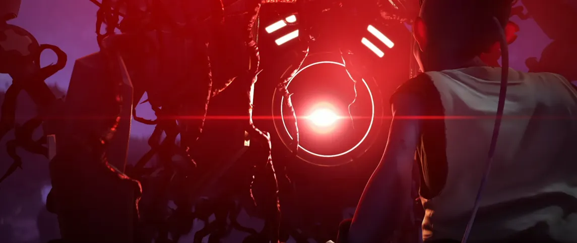 A large, robotic creature looking at Dal with its single, bright red eye