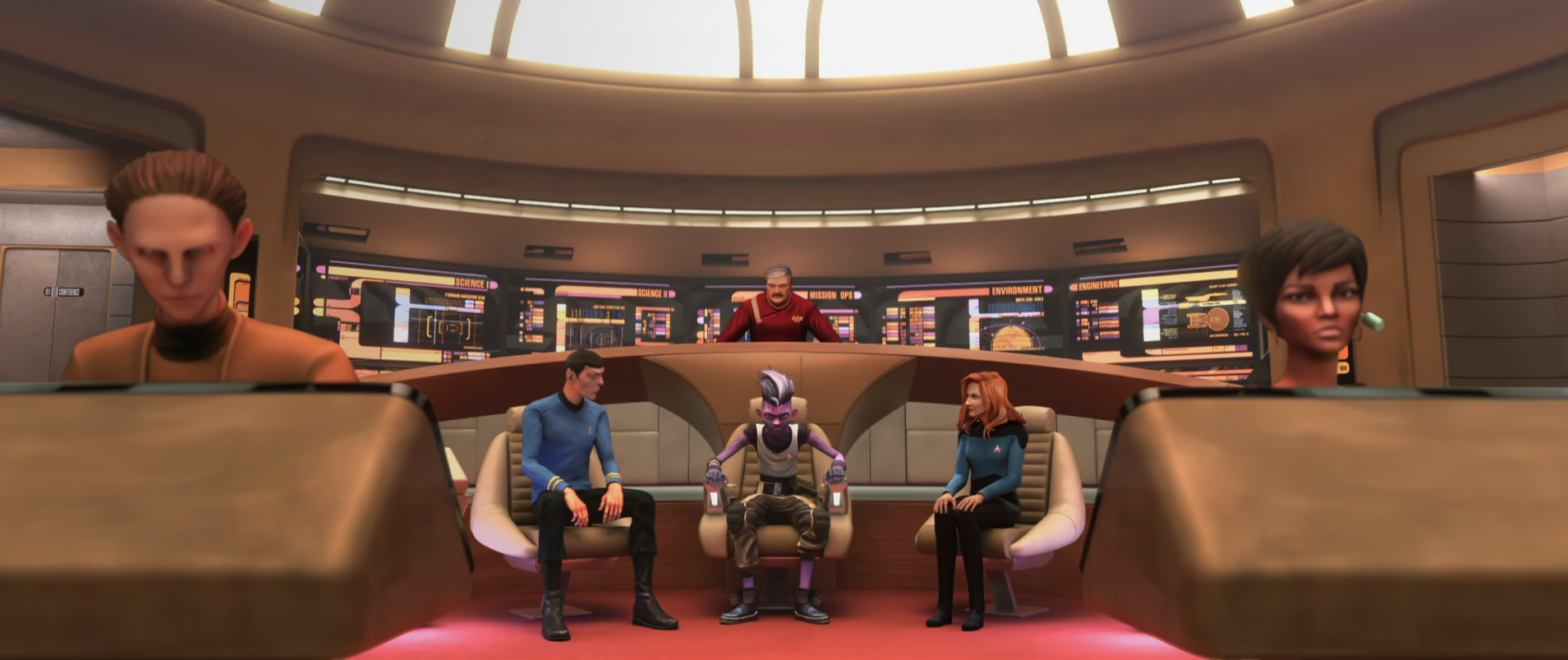Dal in command on a holographic Enterprise-D bridge, along with holographic versions of Scotty, Spock, Uhura, Odo, and Dr. Crusher