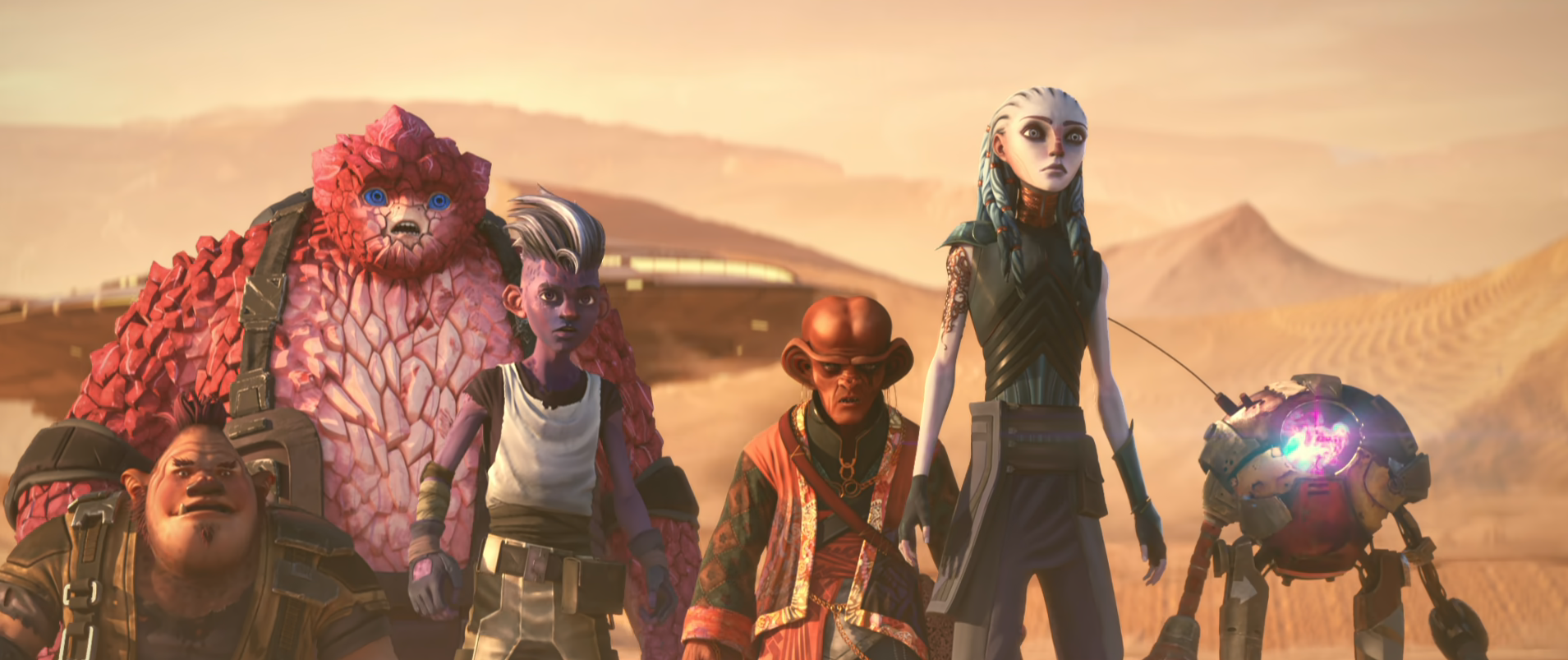 Jankom, Rok, Dal, Gwyn, Zero, and a female Ferengi on the surface of a desert-like planet