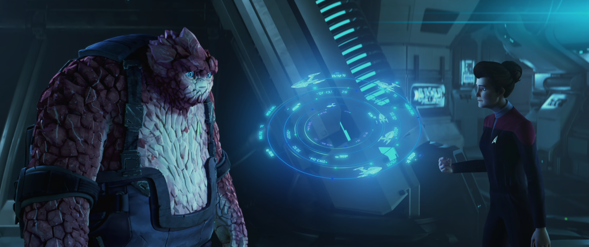 Rok and Hologram Janway studying a holographic depiction of the timeline