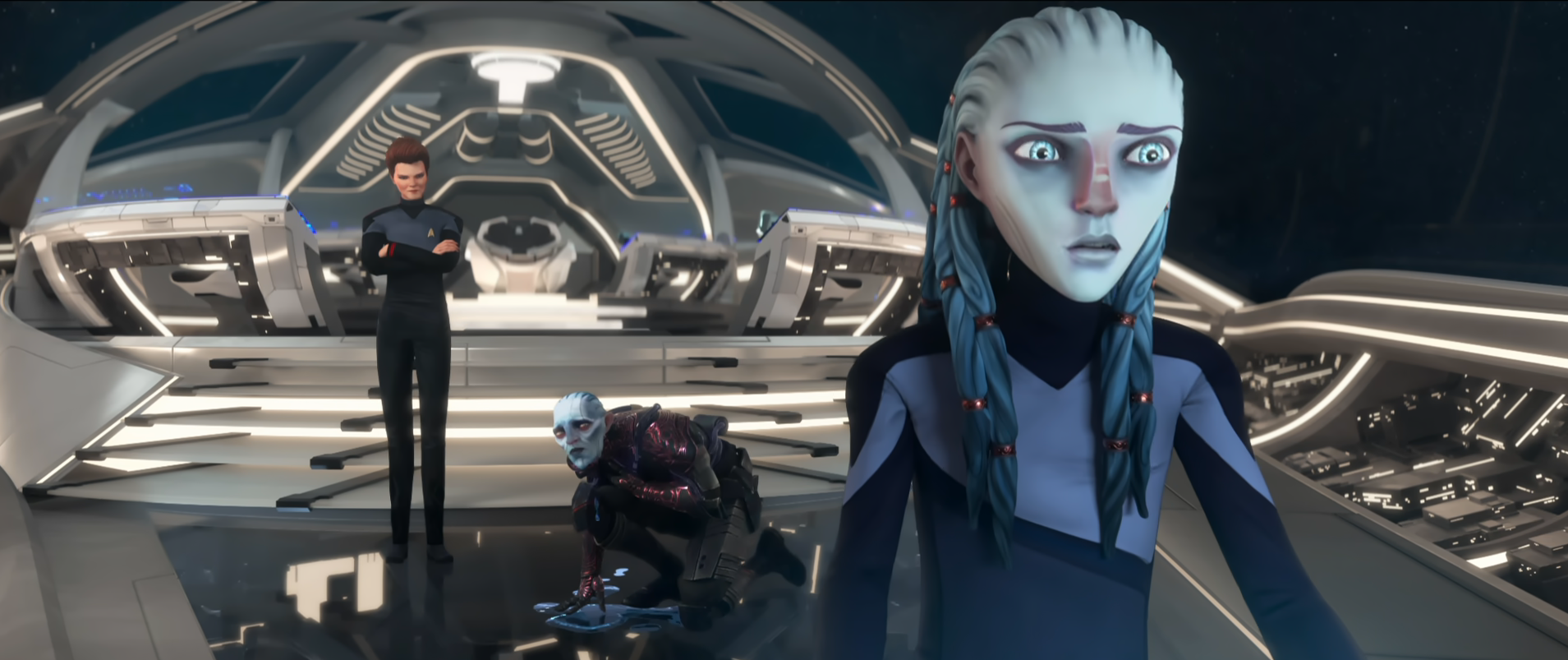 Gwyn, Hologram Janeway, and an injured Ilthuran on the Protostar bridge