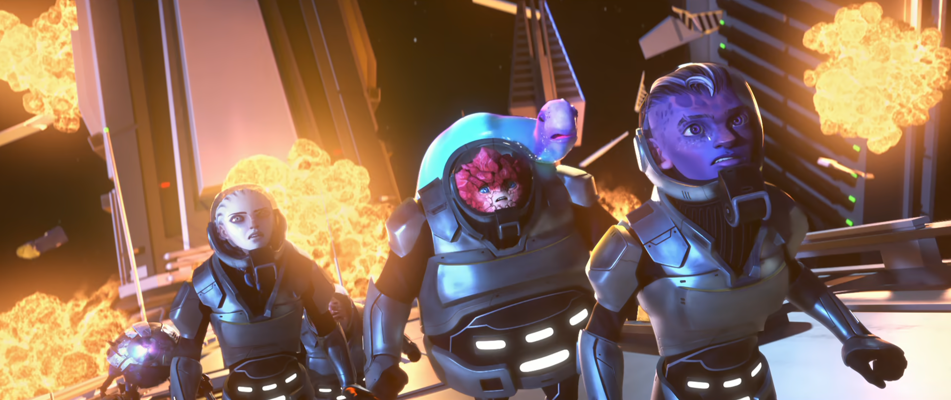 Dal, Rok, Murf, Gwyn, Jankom, and Zero in space with explosions all around them