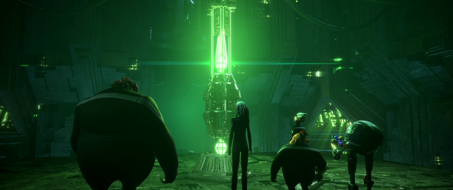 Rok, Gwyn, Dal, Jankom, and Zero looking at a Borg vinculum that is glowing green