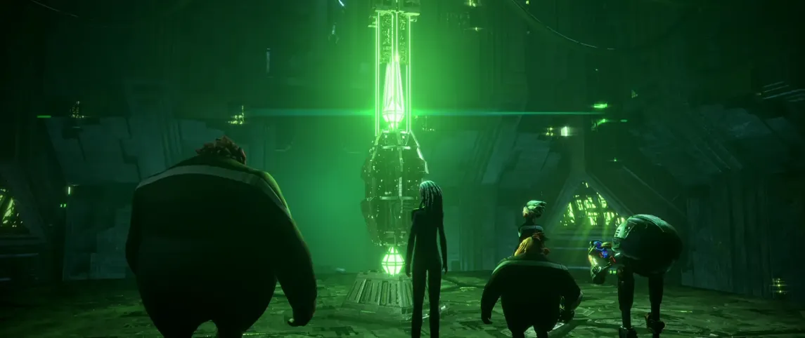 Rok, Gwyn, Dal, Jankom, and Zero looking at a Borg vinculum that is glowing green