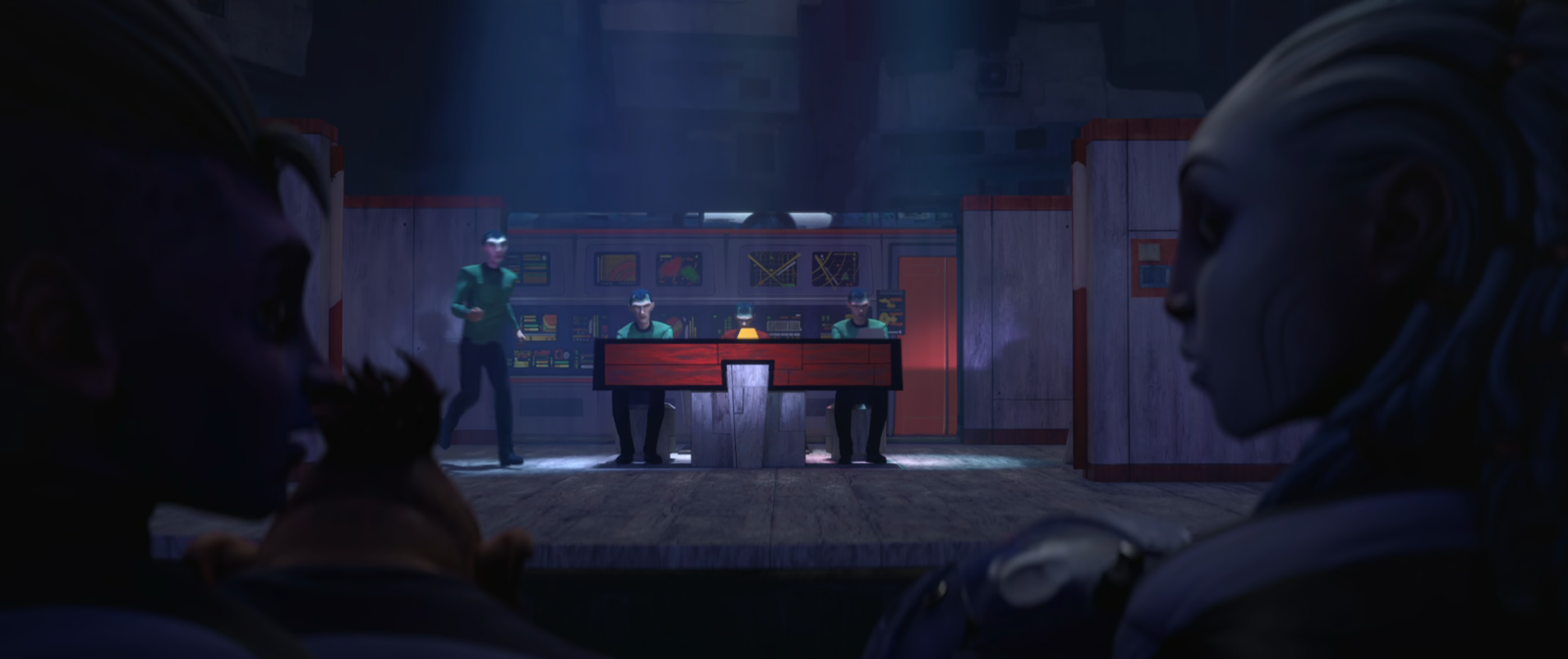Dal, Gwyn, Jankom, and Zero watching a play depicting the bridge of the USS Enterprise