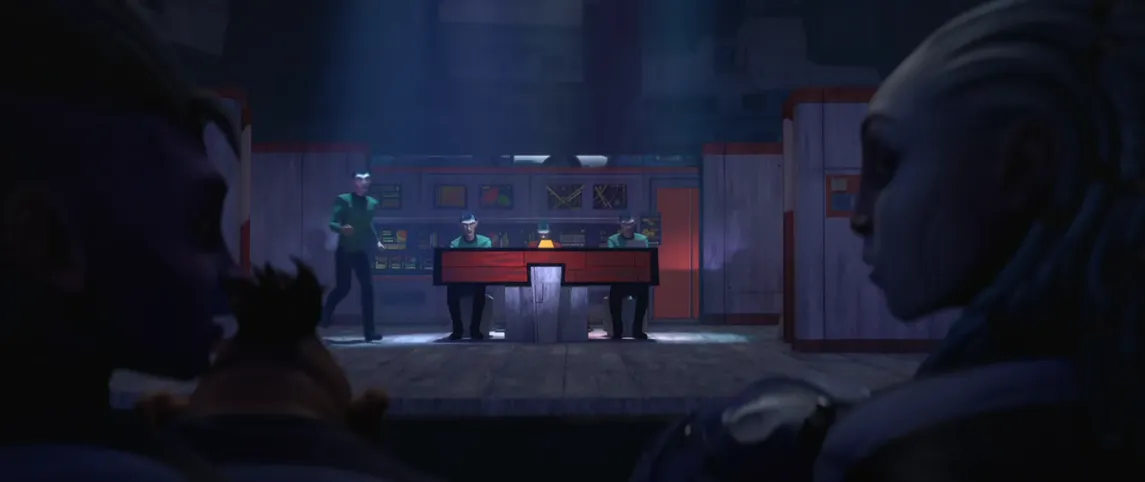 Dal, Gwyn, Jankom, and Zero watching a play depicting the bridge of the USS Enterprise